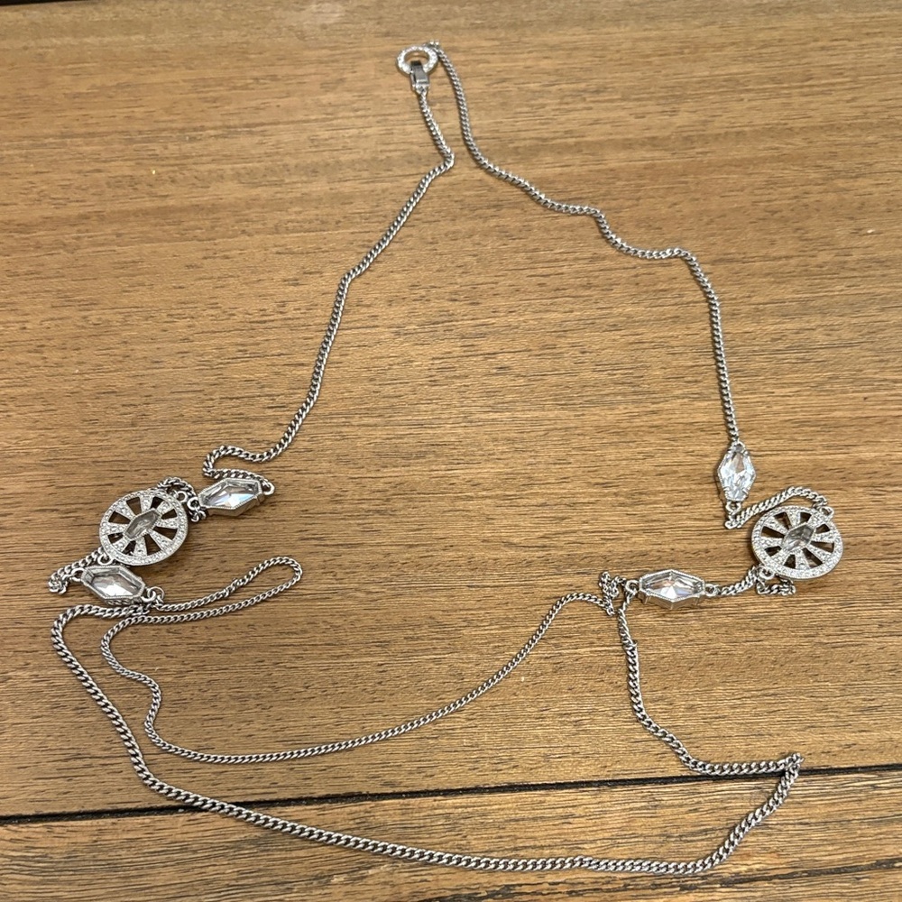 Elegant Long Silver Necklace with Crystal Accents